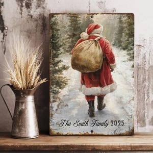 Santa Claus in Winter Forest Print Vintage Style Painting Metal Sign, Rustic Santa Winter Metal Sign, Vintage Santa Art Home Decor