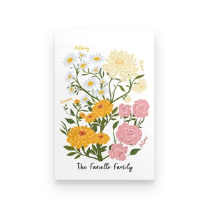 May include: A floral art print featuring a bouquet of daisies, yellow zinnias, and pink roses. The names "Anthony", "Luciana", "Maria", and "Antonio" are written in cursive. The text "The Fariello Family" is below the flowers.
