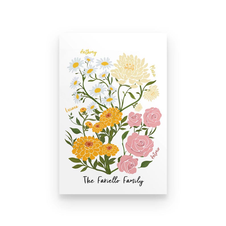 May include: A floral art print featuring a bouquet of daisies, yellow zinnias, and pink roses. The names "Anthony", "Luciana", "Maria", and "Antonio" are written in cursive. The text "The Fariello Family" is below the flowers.