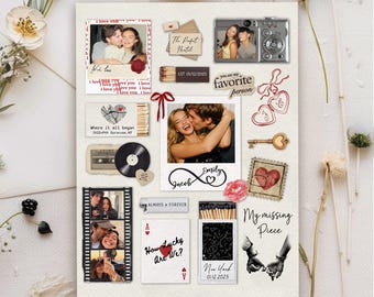 Könnte beinhalten: Eine romantische Collage mit Fotos, Streichholzschachteln und dekorativen Elementen. Die Fotos zeigen Paare, und der Text enthält Sätze wie "Ich liebe dich" und "Mein fehlendes Puzzleteil". Die Farbpalette ist weich, mit weißen, roten und schwarzen Akzenten.
