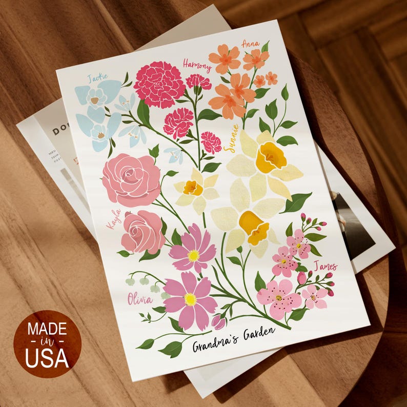 Personalized Grandma's Garden Wall Art, Birth Mont Family Flowers Print