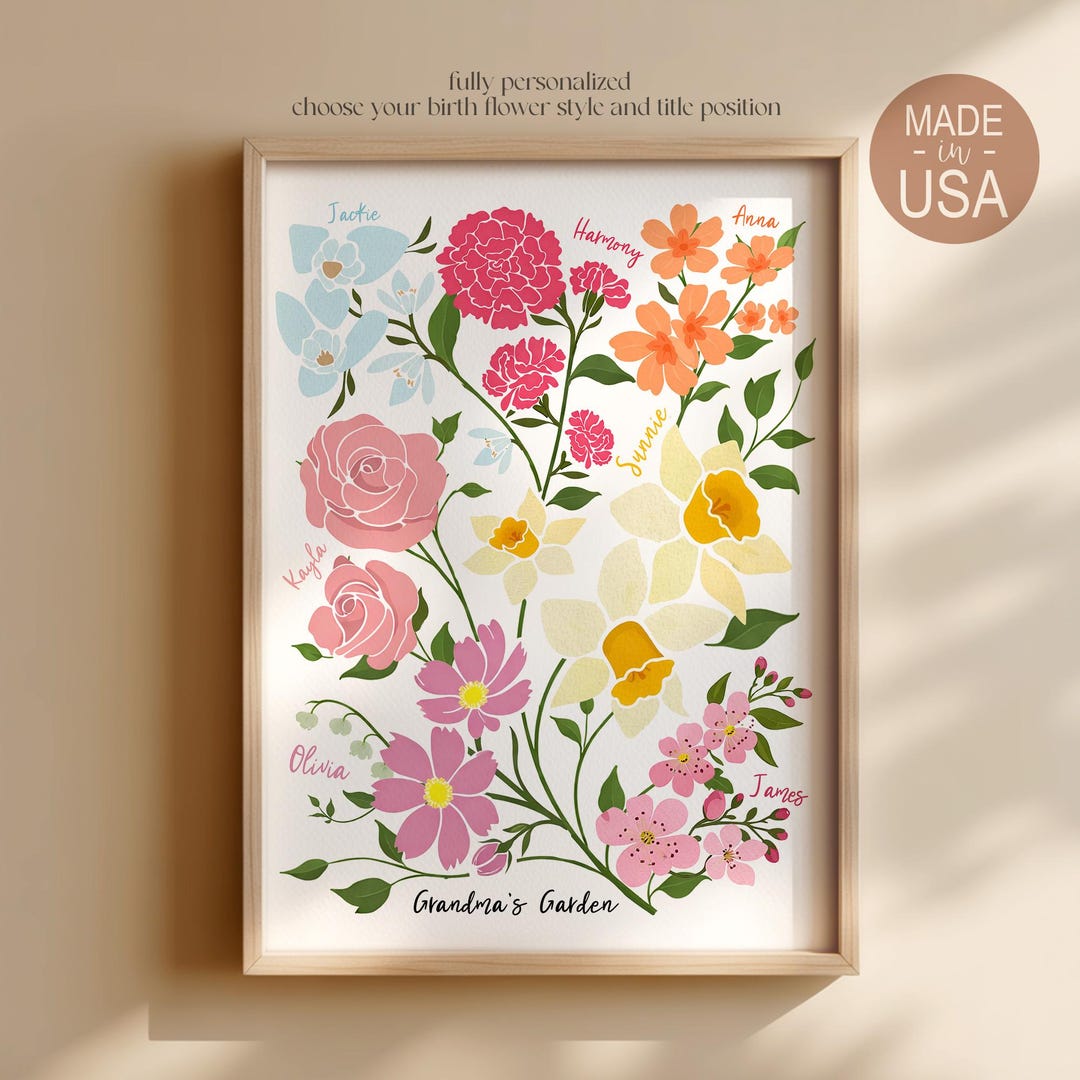 Personalized Grandma's Garden Wall Art, Birth Month Family Flowers, Mother's Day Gift for 