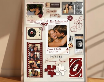 May include: A framed collage featuring multiple photographs, text, and decorative elements. The photos include couples kissing and smiling. Text includes "I love you," "Favorite person," and "You're my missing piece." Decorative elements include hearts, a record player, and a playing card.
