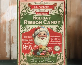Custom Family Name Vintage Christmas Tin Sign, Holiday Candy Wall Decor (Aluminum)