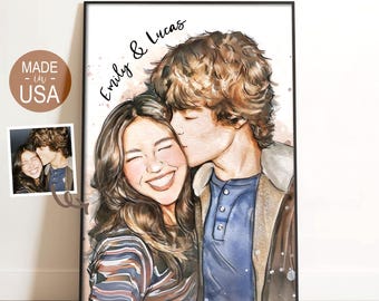 Custom Couple Watercolor Portrait From Photo, Valentine's Day Gift For Boy Friend Canvas Wall Art