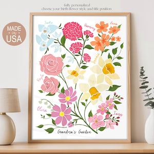 Personalized Grandma's Garden Wall Art, Birth Mont Family Flowers Print
