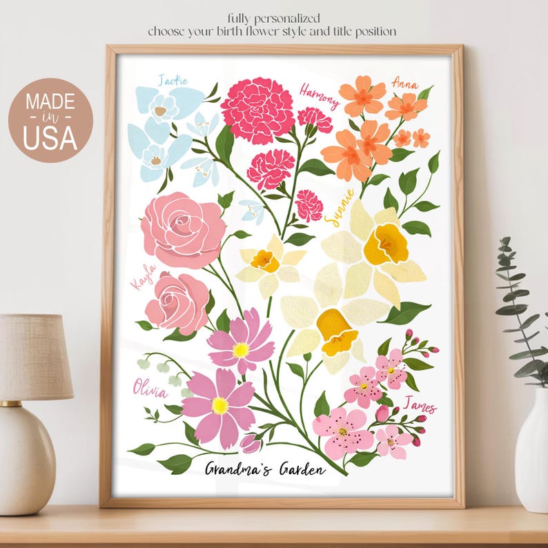 Personalized Grandma's Garden Wall Art, Birth Mont Family Flowers Print