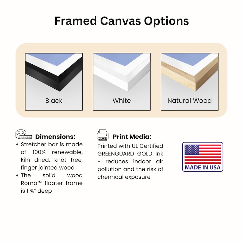 May include: Image showcasing framed canvas options with black, white, and natural wood frames. The text indicates the stretcher bar is made of renewable wood, and the Roma floater frame is 1.25 inches deep. The print media uses GREENGUARD GOLD ink.