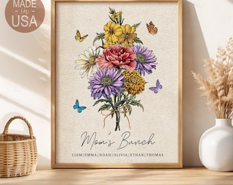 Personalized Our Family Birth Flower Bouquet Wall Art, Custom Mothers Day Gifts from Son, Daughter
