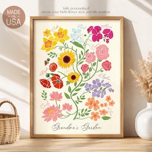 Personalized Grandma's Garden Gift, Family Birth Flower Bouquet With Kids Name Wall Art, Mother's Day Gift for Mom
