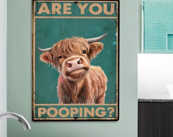 Funny Highland Cow Metal Sign, Rustic Bathroom Decor