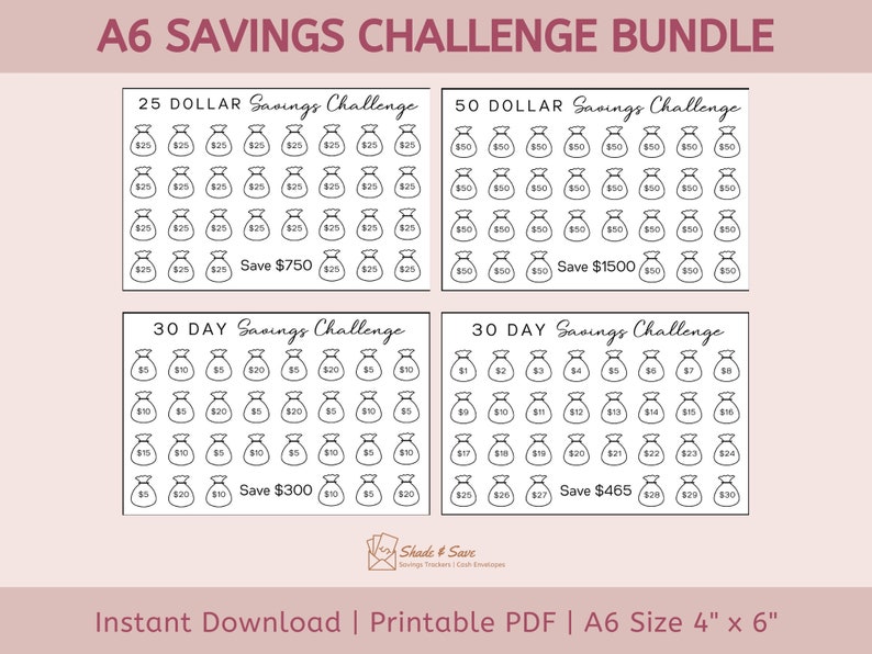 Savings Challenge Printable for Low Income Households A6 Sized 4 X 6