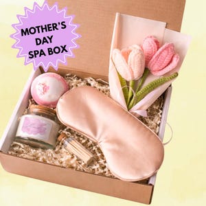 Self Care Gift Box for Mom, Candle, Bath Bomb, Sleep Mask, Crochet Flower Bouquet