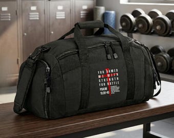 Christian Black Gym Bag, Psalm 18:39-40 Black duffel, Red Nails Cross