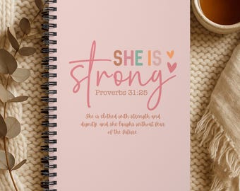 Christian Journal Notebook She Is Strong Proverbs 31:25 Spiral Notebook, Pink Inspirational Journal