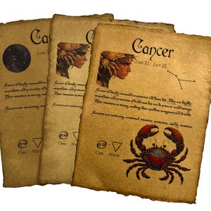 Página del horóscopo de Cáncer Impresión de arte vintage Pergamino de astrología del zodíaco Cáncer Regalo Carta natal Decoración de pared del zodíaco Obra de arte del signo de agua