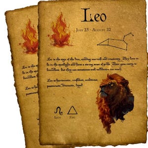 Página del horóscopo Leo Impresión de arte vintage Pergamino de astrología del zodíaco León Regalo Carta natal Decoración de pared del zodíaco Obra de arte del signo de fuego