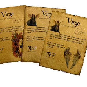 Página del horóscopo de Virgo, impresión artística vintage, pergamino astrológico del zodíaco, regalo, carta natal, ángel del zodíaco, decoración de pared, obra de arte del signo de la tierra