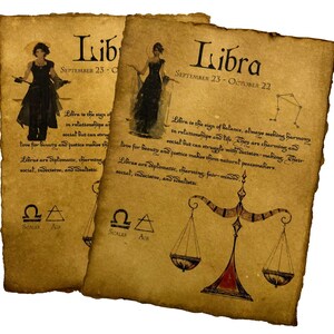 Página del horóscopo de Libra, impresión artística vintage, escalas del zodíaco, pergamino astrológico, regalo, carta natal, decoración de pared del zodíaco, obra de arte del signo de aire