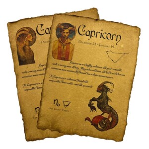 Página del horóscopo de Capricornio Impresión de arte vintage Pergamino astrológico del zodíaco Cabra marina Regalo Carta natal Decoración de pared del zodíaco Obra de arte del signo de la tierra