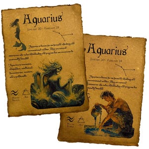 Página del horóscopo de Acuario, impresión artística vintage, pergamino de astrología del zodíaco, regalo, carta natal, decoración de pared del zodíaco, obra de arte del signo de aire