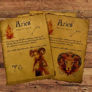 Página del horóscopo de Aries Impresión de arte vintage Pergamino de astrología del zodíaco Aries Regalo Carta natal del zodíaco Decoración de pared Obra de arte del signo de fuego