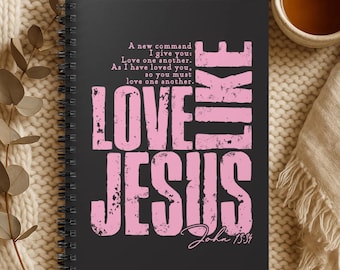 Christian Notebook Journal Love Like Jesus Pink Spiral Notebook Christian journal, John 13:34 design