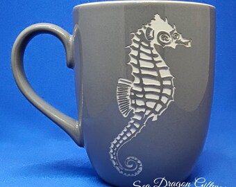 Seahorse #3 - Engraved Ceramic Coffee/Tea Mug - Grey