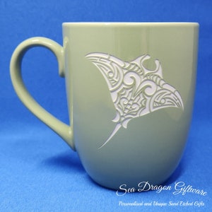 Manta Ray - Engraved Ceramic Coffee/Tea Mug - Green