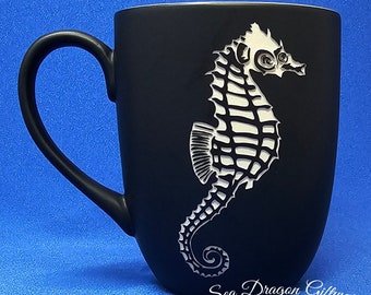 Seahorse #3 - Engraved Ceramic Coffee/Tea Mug - Black Matt