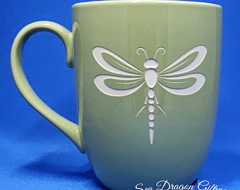 Dragonfly #4 - Engraved Ceramic Coffee/Tea Mug - Green