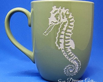 Seahorse #2 - Engraved Ceramic Coffee/Tea Mug - Green