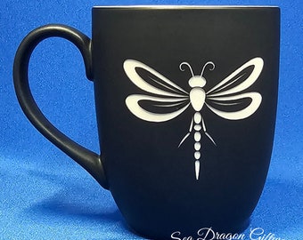 Dragonfly #4 - Engraved Ceramic Coffee/Tea Mug - Black Matt