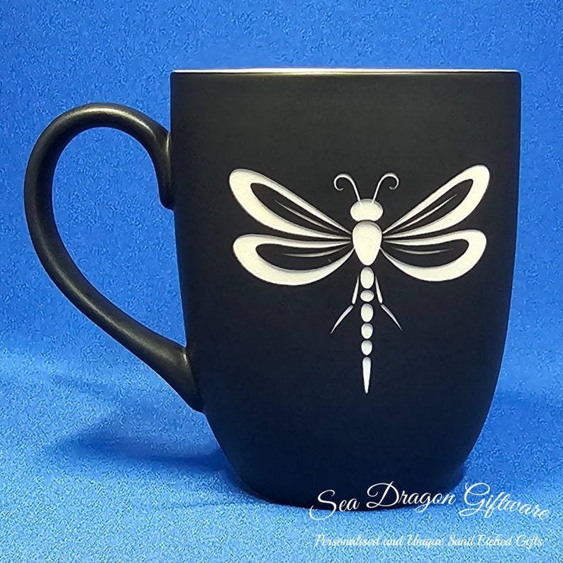 Dragonfly 4 Engraved Ceramic Coffee/Tea Mug Black Matt image 1