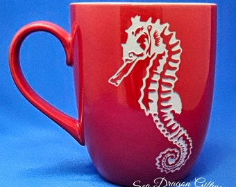 Seahorse #2 - Engraved Ceramic Coffee/Tea Mug - Red