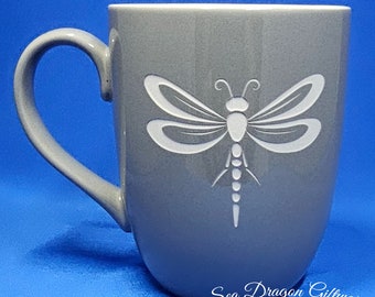 Dragonfly #4 - Engraved Ceramic Coffee/Tea Mug - Grey