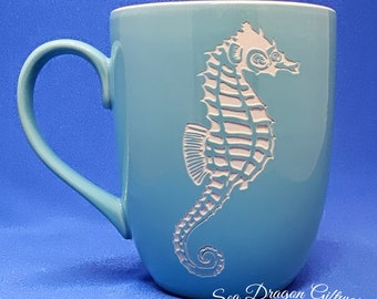 Seahorse #3 - Engraved Ceramic Coffee/Tea Mug - Blue