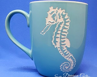 Seahorse #2 - Engraved Ceramic Coffee/Tea Mug - Blue