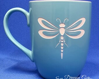 Dragonfly #4 - Engraved Ceramic Coffee/Tea Mug - Blue