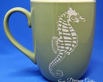 Seahorse #3 - Engraved Ceramic Coffee/Tea Mug - Green