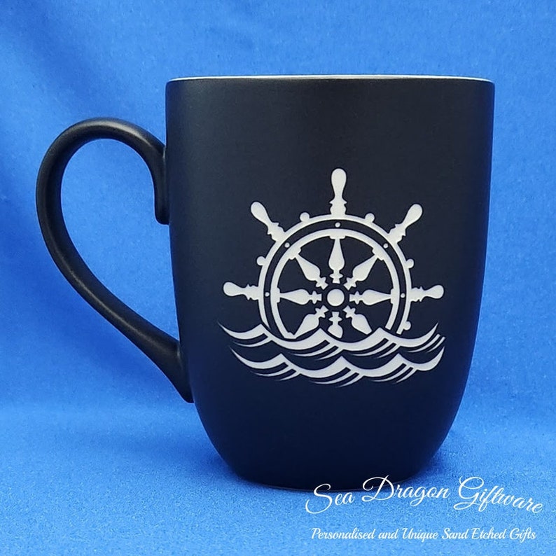Ship Wheel Engraved Ceramic Coffee/Tea Mug Black Matt image 1