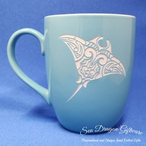Manta Ray - Engraved Ceramic Coffee/Tea Mug - Blue