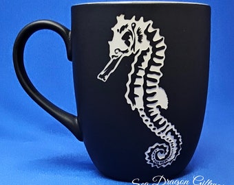 Seahorse #2 - Engraved Ceramic Coffee/Tea Mug - Black Matt