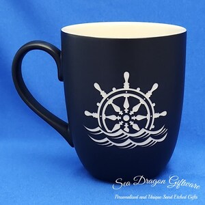 Ship Wheel Engraved Ceramic Coffee/Tea Mug Black Matt image 2