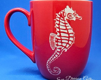 Seahorse #3 - Engraved Ceramic Coffee/Tea Mug - Red