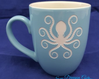 Octopus - Engraved Ceramic Coffee/Tea Mug - Blue