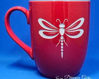 Dragonfly #4 - Engraved Ceramic Coffee/Tea Mug - Red