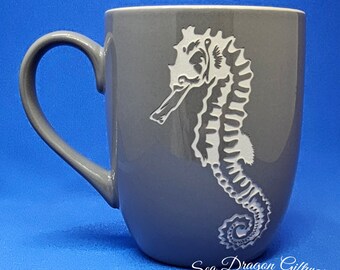 Seahorse #2 - Engraved Ceramic Coffee/Tea Mug - Grey