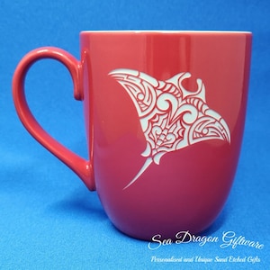 Manta Ray - Engraved Ceramic Coffee/Tea Mug - Red