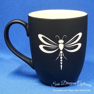 Dragonfly 4 Engraved Ceramic Coffee/Tea Mug Black Matt image 2